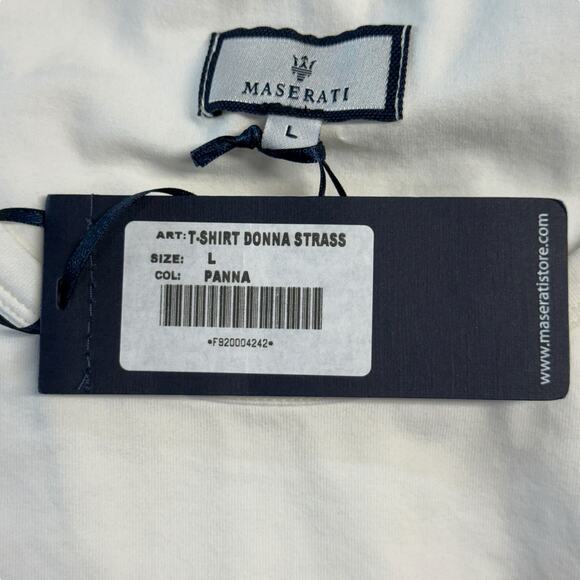 Maserati Rhinestone Tee Shirt NEW Donna Panna Strass Cotton LOGO Womens L White - Picture 8 of 11